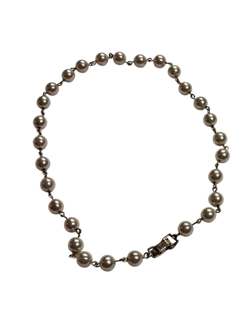 Plastic Faux Pearl Beaded Goldtone Chain Necklace Fold Over Clasp 15 inches Long